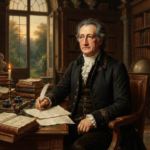 Zitate von Johann Wolfgang von Goethe Ein älterer Mann in Kleidung aus dem 18. Jahrhundert schreibt mit einer Feder an einem Schreibtisch in einer prächtigen Bibliothek, umgeben von Büchern und einer brennenden Kerze, während Tageslicht durch ein großes Fenster hinter ihm hereinströmt – vielleicht sinniert er gerade über Zitate von Johann Wolfgang von Goethe, während er seine Gedanken zu Papier bringt.