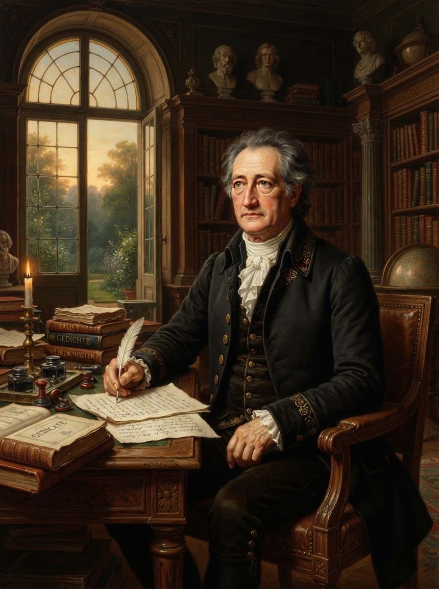 Zitate von Johann Wolfgang von Goethe Ein älterer Mann in Kleidung aus dem 18. Jahrhundert schreibt mit einer Feder an einem Schreibtisch in einer prächtigen Bibliothek, umgeben von Büchern und einer brennenden Kerze, während Tageslicht durch ein großes Fenster hinter ihm hereinströmt – vielleicht sinniert er gerade über Zitate von Johann Wolfgang von Goethe, während er seine Gedanken zu Papier bringt.
