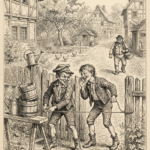 Zitate von Wilhelm Busch Zwei Jungen in altmodischer Kleidung lachen in einem Dorf neben einem Holzzaun und einem Wasserfass und erinnern damit an den Charme der Zitate von Wilhelm Busch. Hühner schlendern umher, während ein Mann auf einem Kopfsteinpflasterweg geht. Fachwerkhäuser und Bäume prägen den sepiafarbenen Hintergrund und fangen den skurrilen Geist vergangener Zeiten ein.