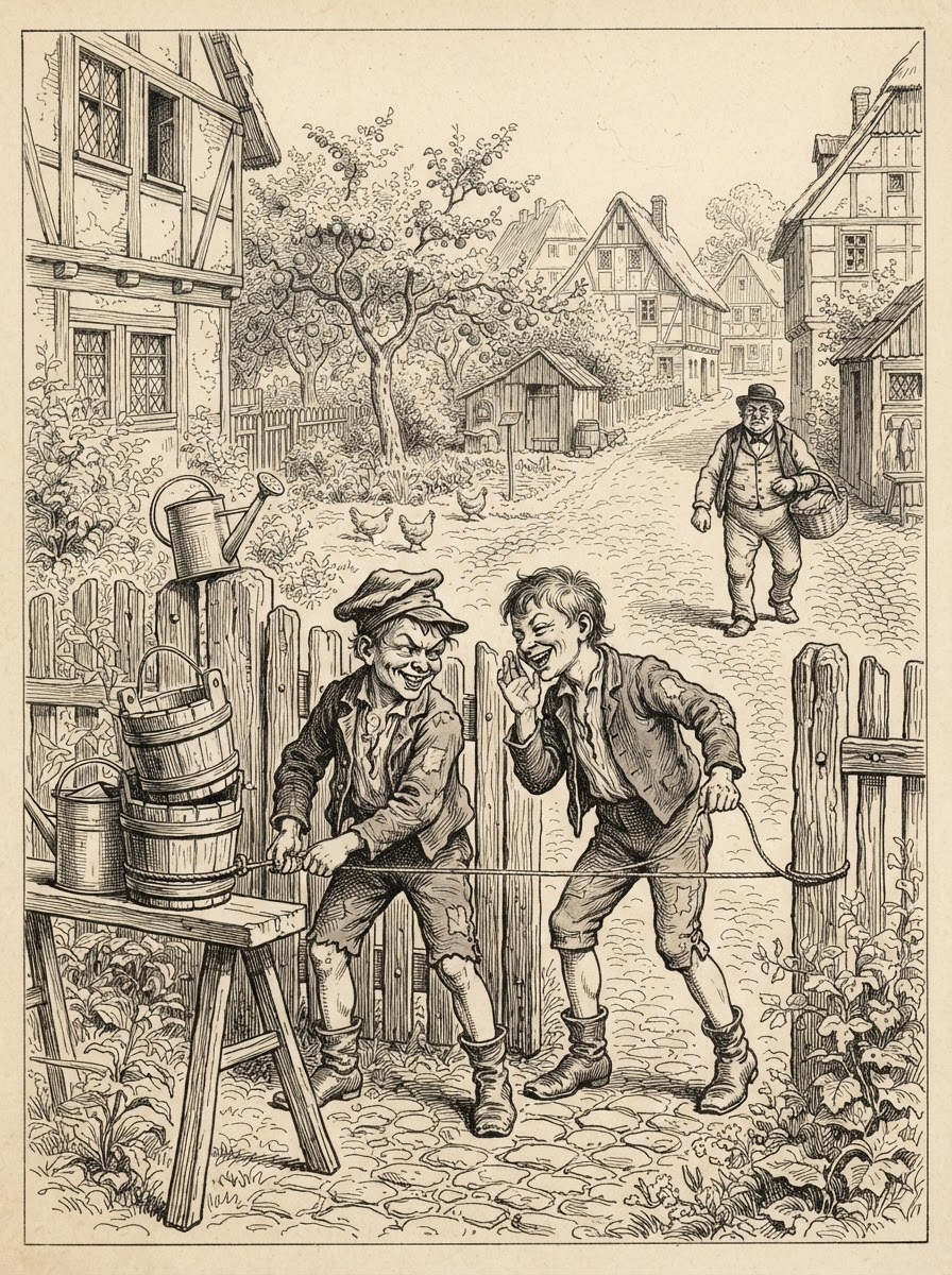Zitate von Wilhelm Busch Zwei Jungen in altmodischer Kleidung lachen in einem Dorf neben einem Holzzaun und einem Wasserfass und erinnern damit an den Charme der Zitate von Wilhelm Busch. Hühner schlendern umher, während ein Mann auf einem Kopfsteinpflasterweg geht. Fachwerkhäuser und Bäume prägen den sepiafarbenen Hintergrund und fangen den skurrilen Geist vergangener Zeiten ein.