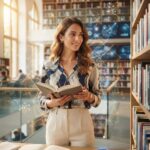 Zitate über Wissen, Klugheit & Bildung Eine Frau steht lächelnd mit einem Buch in der Hand in einer modernen Bibliothek. Auf dem Tisch liegen aufgeschlagene Bücher und ein Tablet, die für Klugheit und Bildung stehen. Um sie herum schweben digitale geometrische Grafiken, die auf Technologie und Lernen anspielen und von Zitaten über Wissen inspiriert sind. Sonnenlicht strömt durch große Fenster herein.