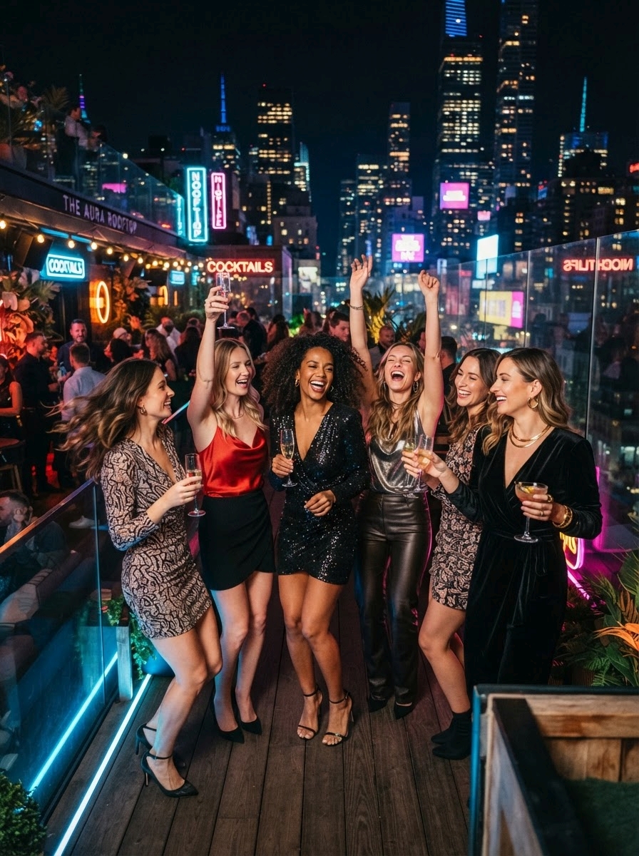 Zitate über Wochenende & Feierabend Sechs Frauen in eleganten Abendkleidern lachen und feiern bei einem Drink in einer lebhaften Dachterrassenbar am Abend und zitieren dabei ihre Lieblingszitate zum Thema „Wochenende & Feierabend“, während im Hintergrund die hellen Lichter der Stadt und die Leuchtreklamen leuchten.