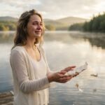Zitate über Vergebung & Verzeihen Eine Frau in leichter Kleidung steht bei Sonnenaufgang auf einem Steg an einem See und zerreißt einen handgeschriebenen Brief. Sie lächelt mit tränenfeuchten Augen und wirkt gleichzeitig bewegt und doch erleichtert, während die Papierschnipsel – vielleicht inspiriert von „Zitate über Vergebung & Verzeihen“ – ins Wasser fallen.