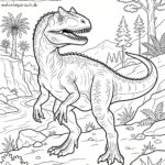 Malvorlage Allosaurus Dinosaurier Schwarz-Weiß-Malvorlage eines Allosaurus-Dinosauriers, der in einer prähistorischen Landschaft mit Bäumen, Felsen und Pflanzen steht. Der Dinosaurier hat scharfe Zähne, Krallen und einen langen Schwanz.