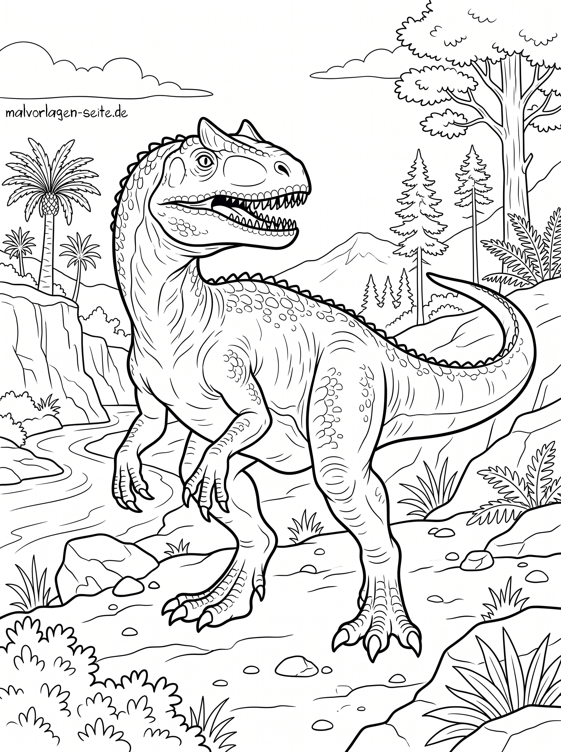 Malvorlage Allosaurus Dinosaurier Schwarz-Weiß-Malvorlage eines Allosaurus-Dinosauriers, der in einer prähistorischen Landschaft mit Bäumen, Felsen und Pflanzen steht. Der Dinosaurier hat scharfe Zähne, Krallen und einen langen Schwanz.