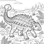 Malvorlage Ankylosaurus Ein stacheliger Ankylosaurus läuft durch eine prähistorische Landschaft, im Hintergrund sind Pflanzen, Felsen, Hügel und Wolken zu sehen – perfekt als Ankylosaurus-Malvorlage für kreativen Malspaß.