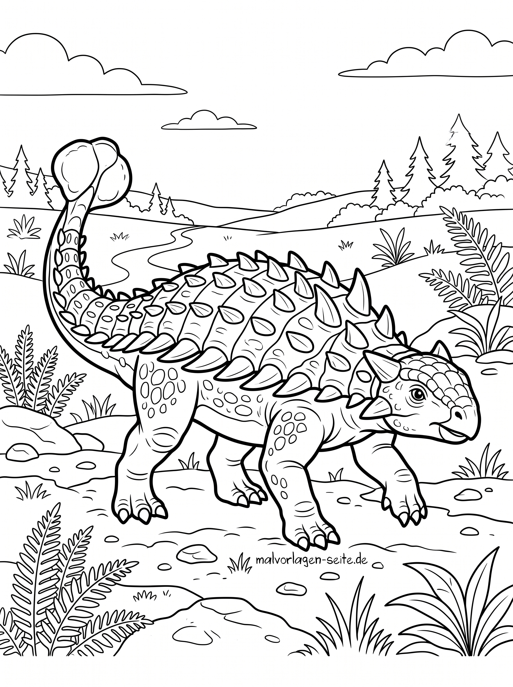 Malvorlage Ankylosaurus Ein stacheliger Ankylosaurus läuft durch eine prähistorische Landschaft, im Hintergrund sind Pflanzen, Felsen, Hügel und Wolken zu sehen – perfekt als Ankylosaurus-Malvorlage für kreativen Malspaß.