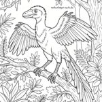 Malvorlage Archaeopteryx Ein gefiederter Dinosaurier, der an einen Archaeopteryx erinnert, steht mit ausgebreiteten Flügeln auf einem Ast in einem dichten Wald, umgeben von Blättern und hohen Bäumen.