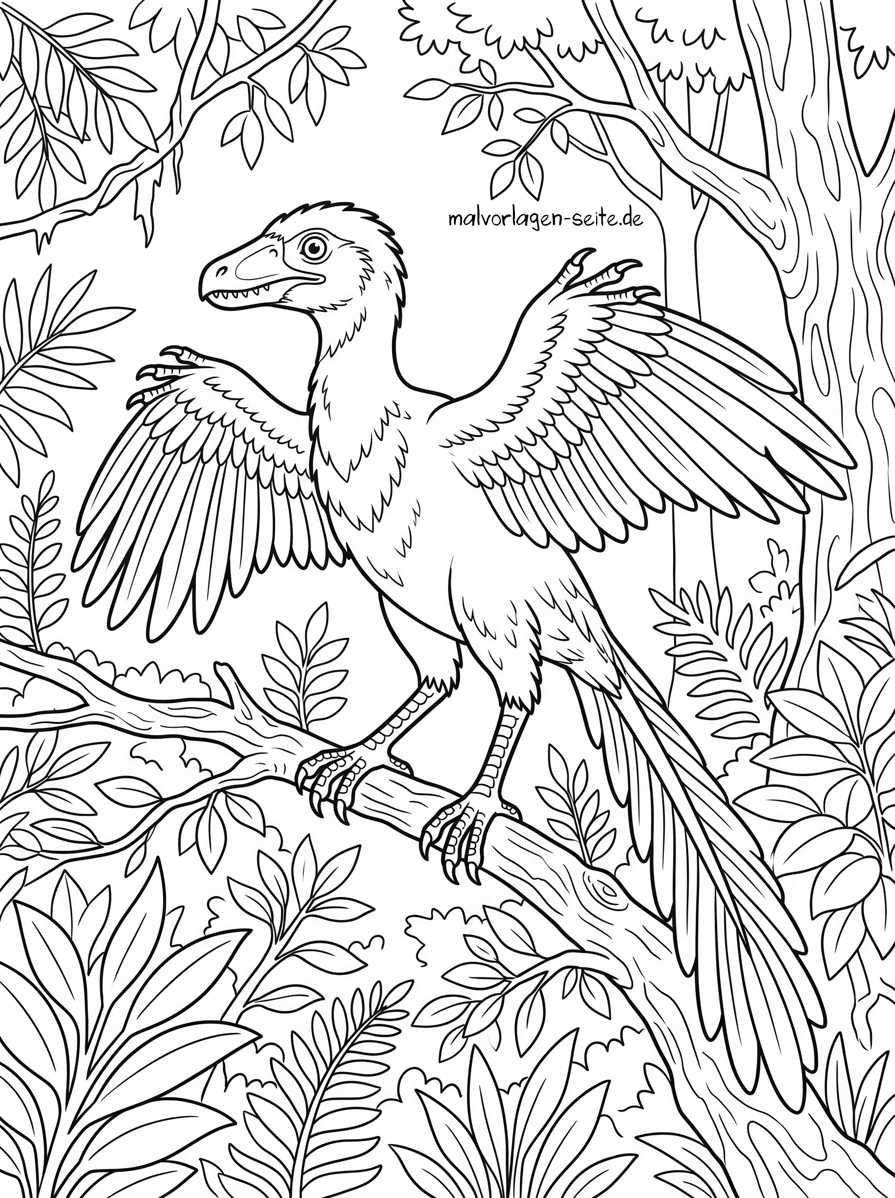 Malvorlage Archaeopteryx Ein gefiederter Dinosaurier, der an einen Archaeopteryx erinnert, steht mit ausgebreiteten Flügeln auf einem Ast in einem dichten Wald, umgeben von Blättern und hohen Bäumen.