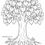 Malvorlage Bodhi-Baum - Buddhismus Schwarz-weiße Strichzeichnung eines großen Baumes mit dickem Stamm, geschwungenen Ästen, herzförmigen Blättern und freiliegenden Wurzeln. Am Fuß des Baumes befinden sich zwei kleine Grasflecken. Inspiriert von der Malvorlage „Bodhi-Baum – Buddhismus“ fängt diese Illustration die ruhige Essenz der buddhistischen Symbolik ein.