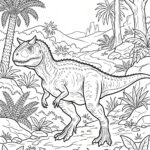 Malvorlage Carnotaurus Ein Carnotaurus aus dem Malvorlagen-Set läuft auf einem felsigen Pfad durch einen prähistorischen Wald mit Palmen, Farnen und fernen Bergen unter einem klaren Himmel.