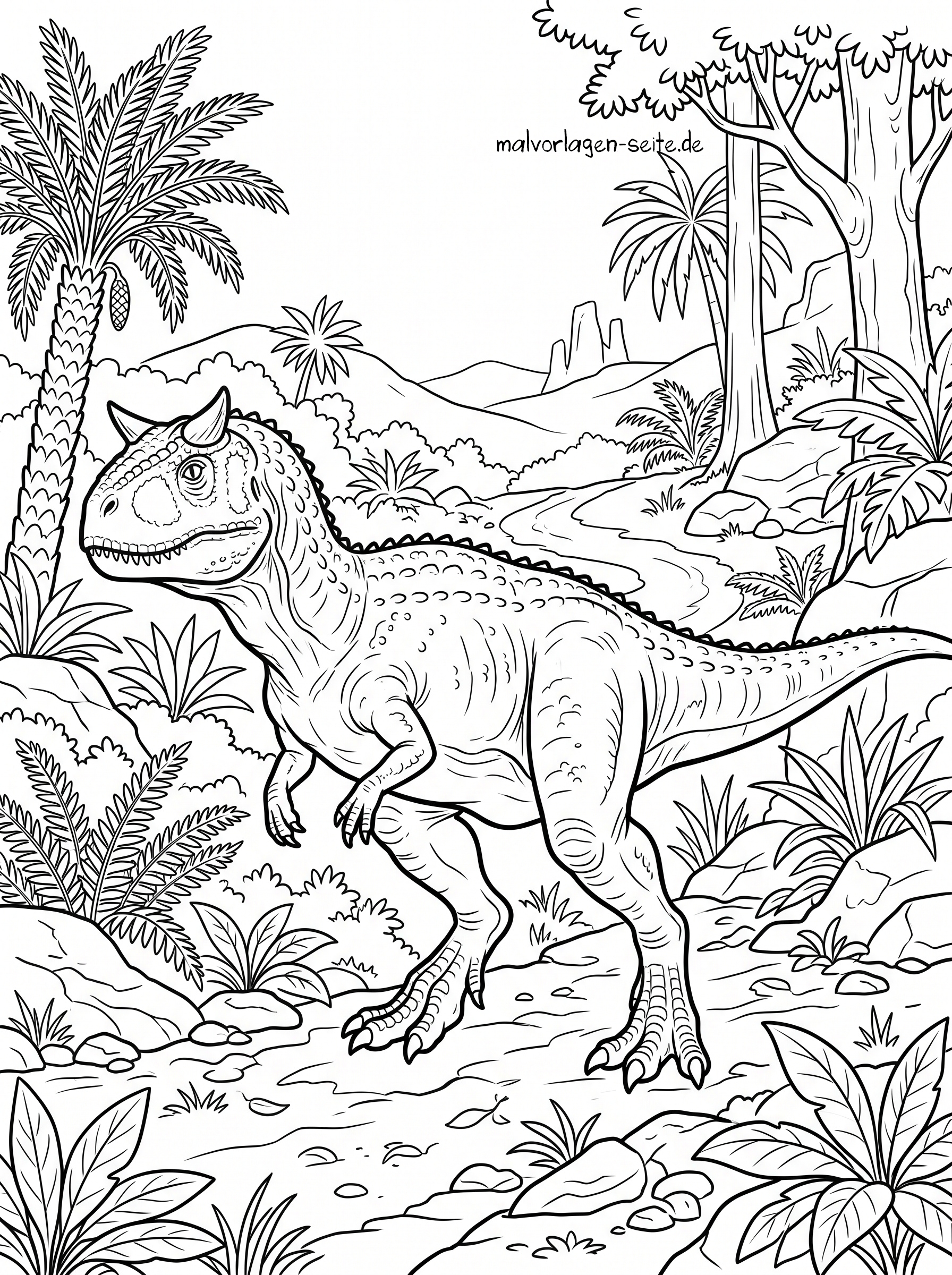 Malvorlage Carnotaurus Ein Carnotaurus aus dem Malvorlagen-Set läuft auf einem felsigen Pfad durch einen prähistorischen Wald mit Palmen, Farnen und fernen Bergen unter einem klaren Himmel.