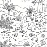 Malvorlage Camsognathus Dinosaurier Fünf Dinosaurier, darunter ein Camsognathus, stehen in einer prähistorischen Landschaft mit Bäumen, Farnen, Felsen und Hügeln unter einem teilweise bewölkten Himmel. Die Szene ist im Stil eines Malbuchs dargestellt.