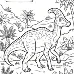 Malvorlage Corythosaurus Dinosaurier Ein Corythosaurus-Dinosaurier wandert durch eine prähistorische Landschaft mit Palmen, Felsen, Wolken und Bergen im Hintergrund. Diese schwarz-weiße Malvorlage ist ideal für alle, die Malvorlagen mit Corythosaurus-Motiven mögen und diese urzeitliche Szene mit Farben zum Leben erwecken möchten.