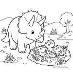 Malvorlage Triceratops Nest Ein Triceratops steht neben einem Nest mit drei Triceratops-Babys, auch bekannt als „Malvorlage Dinosaurier-Babys“. Die Szene spielt im Freien, im Hintergrund sind Hügel, Bäume und Gras zu sehen.