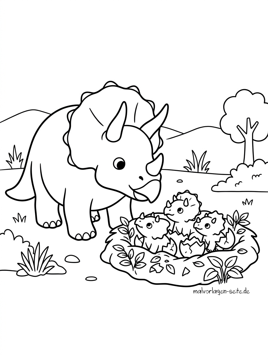 Malvorlage Dinosaurier Babys Ein Triceratops steht neben einem Nest mit drei Triceratops-Babys, auch bekannt als „Malvorlage Dinosaurier-Babys“. Die Szene spielt im Freien, im Hintergrund sind Hügel, Bäume und Gras zu sehen.