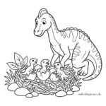 Malvorlage Dinosaurier Nest Ein Dinosaurier wacht über drei Dinosaurierbabys, die gerade aus ihren Eiern in einem Nest schlüpfen, umgeben von Gras, Blättern und Steinen – eine perfekte „Malvorlage Dinosaurier-Nest“-Szene für alle, die gerne ausmalen.