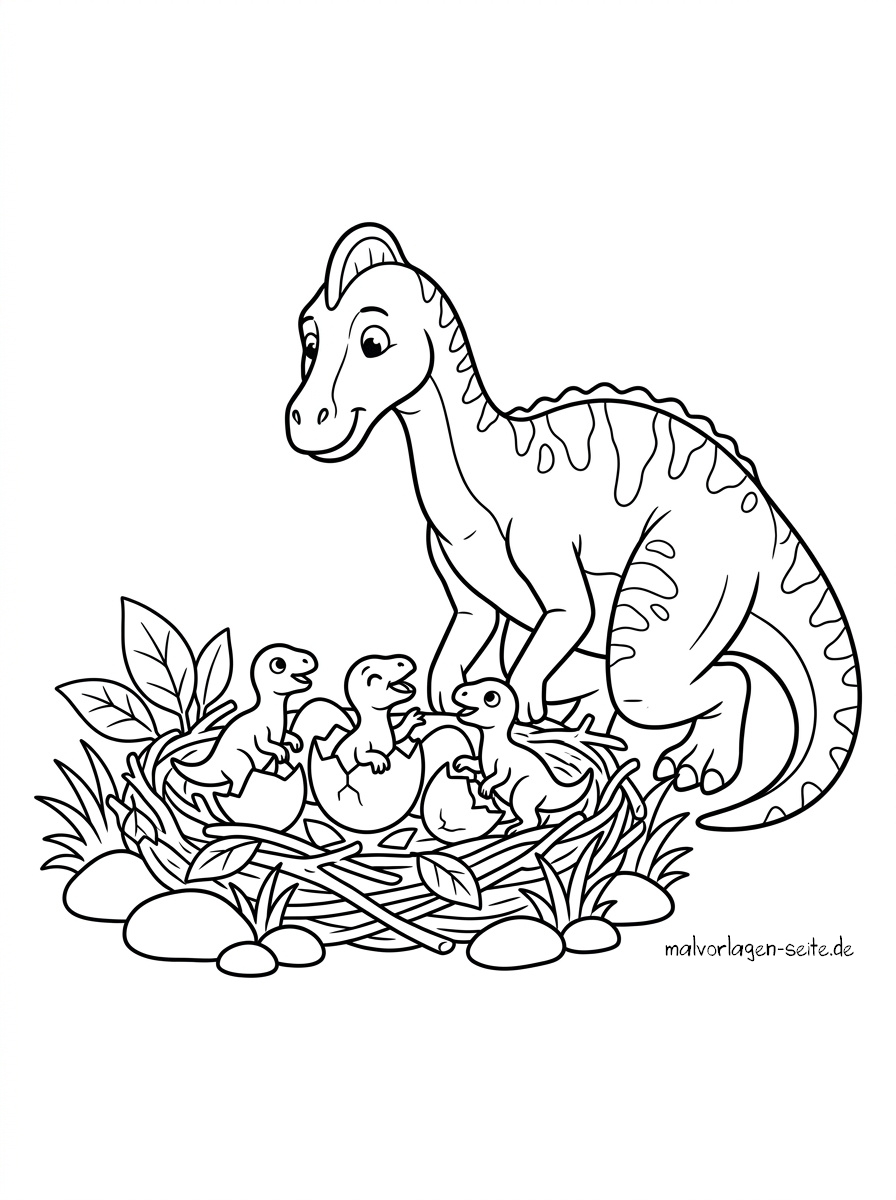 Malvorlage Dinosaurier Nest Ein Dinosaurier wacht über drei Dinosaurierbabys, die gerade aus ihren Eiern in einem Nest schlüpfen, umgeben von Gras, Blättern und Steinen – eine perfekte „Malvorlage Dinosaurier-Nest“-Szene für alle, die gerne ausmalen.