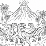 Malvorlage Dinosaurier Vulkanausbruch Drei Dinosaurier stehen inmitten von Pflanzen, in deren Nähe Palmen wachsen, während im Hintergrund ein Vulkan ausbricht und Rauch und Lava in den Himmel spuckt – eine spannende Malvorlage mit dem Titel „Dinosaurier und Vulkanausbruch“, die sich perfekt für fantasievolle Malabenteuer eignet.