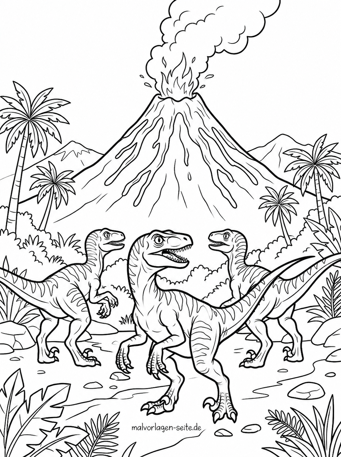 Malvorlage Dinosaurier Vulkanausbruch Drei Dinosaurier stehen inmitten von Pflanzen, in deren Nähe Palmen wachsen, während im Hintergrund ein Vulkan ausbricht und Rauch und Lava in den Himmel spuckt – eine spannende Malvorlage mit dem Titel „Dinosaurier und Vulkanausbruch“, die sich perfekt für fantasievolle Malabenteuer eignet.