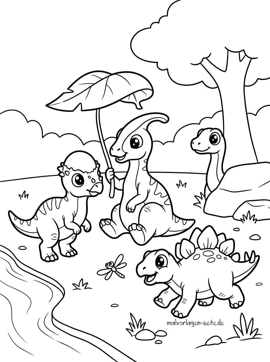 Malvorlage Baby Dinosaurier Vier Baby-Dinosaurier aus einem Zeichentrickfilm versammeln sich an einem Teich; einer hält ein großes Blatt als Regenschirm in der Hand. Eine Libelle sitzt auf dem Gras, im Hintergrund sind Bäume und Hügel zu sehen, und alle Dinosaurier wirken fröhlich. Diese fröhliche Szene eignet sich perfekt als Malvorlage „Baby-Dinosaurier“ und bietet Kindern endlosen Malspaß.