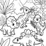 Malvorlage Dinosaurier Vier Comic-Dinosaurier stehen zusammen in einer prähistorischen Landschaft, im Hintergrund sind Berge und Pflanzen zu sehen. Zwei Dinosaurier fressen Blätter oder Blumen. Diese Malvorlage „Baby-Dinosaurier“ ist zum Ausmalen vorzeichnet.