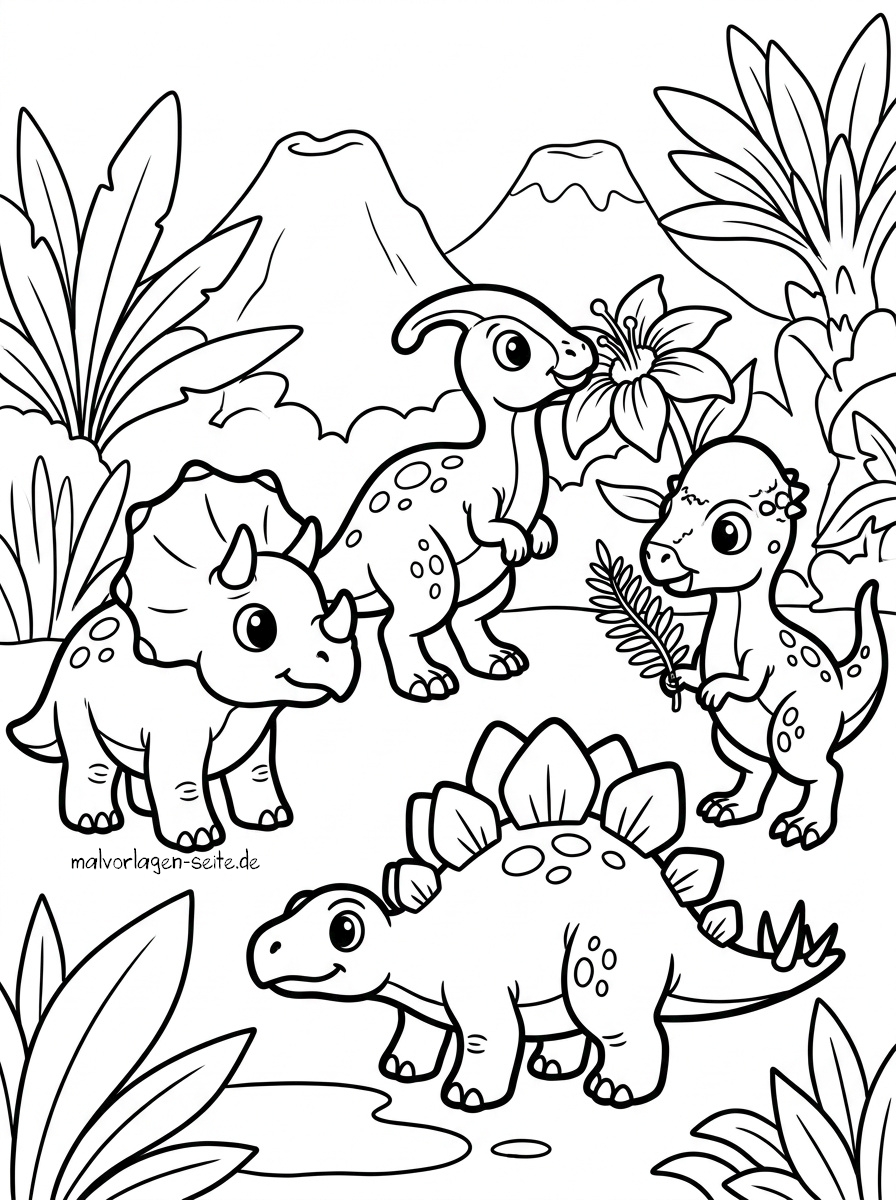 Malvorlage Baby Dinosaurier Vier Comic-Dinosaurier stehen zusammen in einer prähistorischen Landschaft, im Hintergrund sind Berge und Pflanzen zu sehen. Zwei Dinosaurier fressen Blätter oder Blumen. Diese Malvorlage „Baby-Dinosaurier“ ist zum Ausmalen vorzeichnet.
