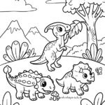 Malvorlage kleiner Dinosaurier Drei Comic-Dinosaurier – einer frisst Blätter von einem Baum, ein anderer steht neben einem Pilz und ein dritter läuft – befinden sich in einer prähistorischen Landschaft mit Bergen, Pflanzen und einem Schmetterling. Diese Malvorlage „Kleine Dinosaurier“ ist schwarz-weiß und bereit zum Ausmalen.
