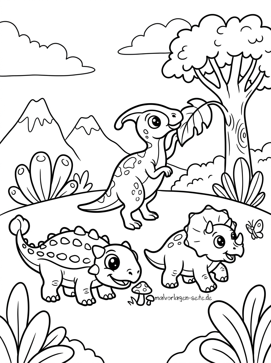 Malvorlage kleine Dinosaurier Drei Comic-Dinosaurier – einer frisst Blätter von einem Baum, ein anderer steht neben einem Pilz und ein dritter läuft – befinden sich in einer prähistorischen Landschaft mit Bergen, Pflanzen und einem Schmetterling. Diese Malvorlage „Kleine Dinosaurier“ ist schwarz-weiß und bereit zum Ausmalen.