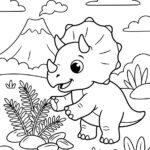 Malvorlage junger Dinosaurier Ein Cartoon-Triceratops steht auf Gras in der Nähe von Pflanzen und Felsen, im Hintergrund sind ein Vulkan und Wolken zu sehen. Der Dinosaurier wirkt in dieser prähistorischen Landschaft fröhlich und verspielt – perfekt als Malvorlage für junge Dinosaurier, die Kinder gerne ausmalen können.