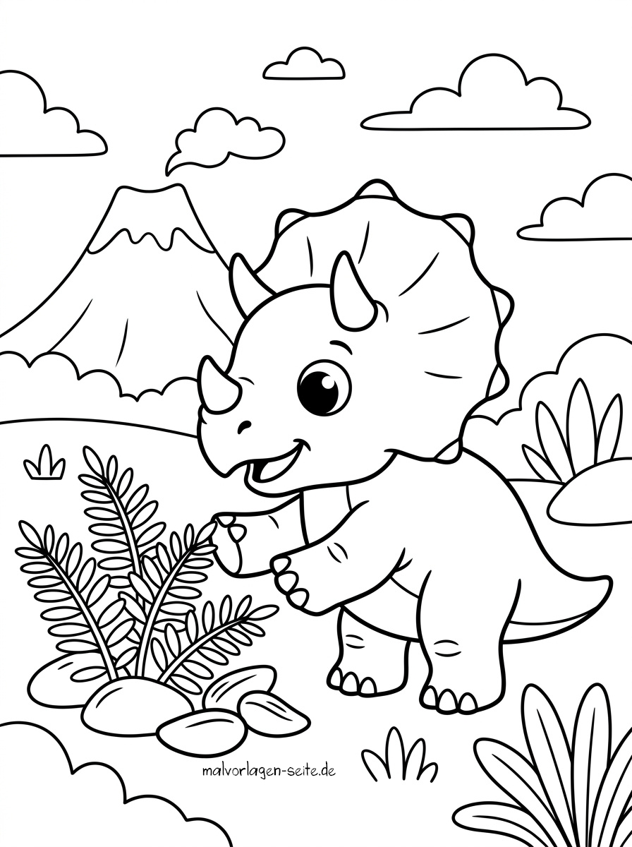 Malvorlage junger Dinosaurier Ein Cartoon-Triceratops steht auf Gras in der Nähe von Pflanzen und Felsen, im Hintergrund sind ein Vulkan und Wolken zu sehen. Der Dinosaurier wirkt in dieser prähistorischen Landschaft fröhlich und verspielt – perfekt als Malvorlage für junge Dinosaurier, die Kinder gerne ausmalen können.