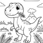 Malvorlage Dinosaurier Ein Cartoon-Dinosaurier, der auf zwei Beinen steht und einen Farn im Maul hält. Im Hintergrund sind unter einem teilweise bewölkten Himmel Pflanzen, Felsen und ein ausbrechender Vulkan zu sehen. Diese schwarz-weiße Malvorlage „Dinosaurier“ wartet darauf, ausgemalt zu werden.