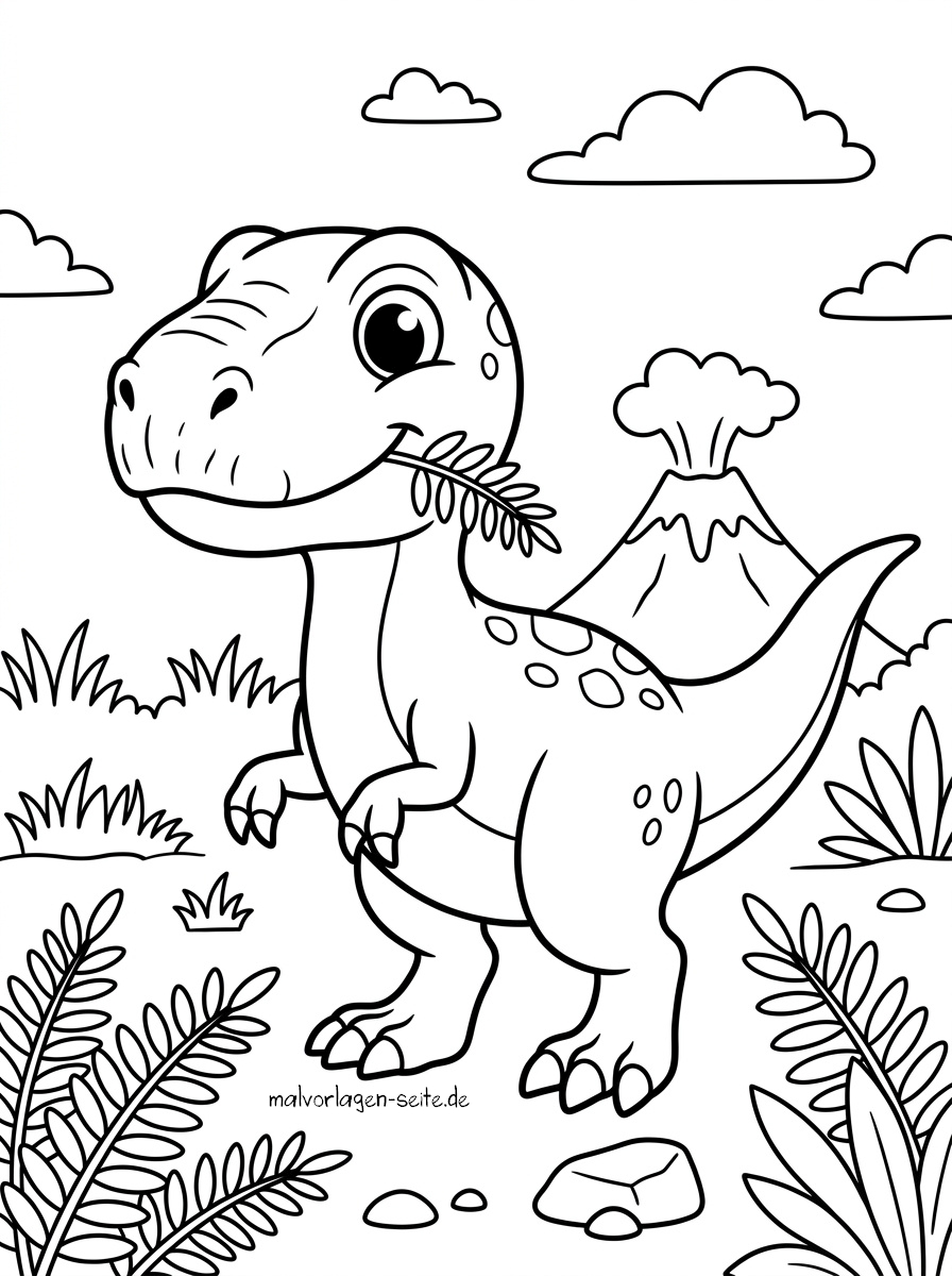 Malvorlage Dinosaurier Ein Cartoon-Dinosaurier, der auf zwei Beinen steht und einen Farn im Maul hält. Im Hintergrund sind unter einem teilweise bewölkten Himmel Pflanzen, Felsen und ein ausbrechender Vulkan zu sehen. Diese schwarz-weiße Malvorlage „Dinosaurier“ wartet darauf, ausgemalt zu werden.