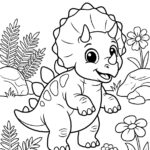 Malvorlage Dinosaurier Ein niedlicher, lächelnder Comic-Dinosaurier steht inmitten von Felsen, Farnen und Blumen in einer verspielten Naturkulisse – perfekt als Malvorlage „Dinosaurier“ für kreativen Malspaß.