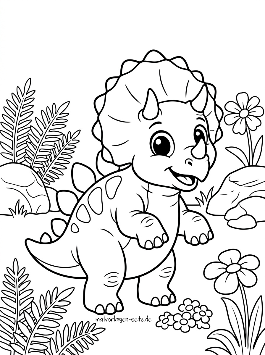 Malvorlage Dinosaurier Ein niedlicher, lächelnder Comic-Dinosaurier steht inmitten von Felsen, Farnen und Blumen in einer verspielten Naturkulisse – perfekt als Malvorlage „Dinosaurier“ für kreativen Malspaß.