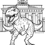 Malvorlage Dinosaurier heute - Berlin Ein T-Rex aus einem Cartoon steht vor dem Brandenburger Tor in Berlin und brüllt mit weit aufgerissenem Maul. Diese Szene, die sich perfekt als Malvorlage „Dinosaurier heute – Berlin“ eignet, wird als schwarz-weiße Malvorlage präsentiert.