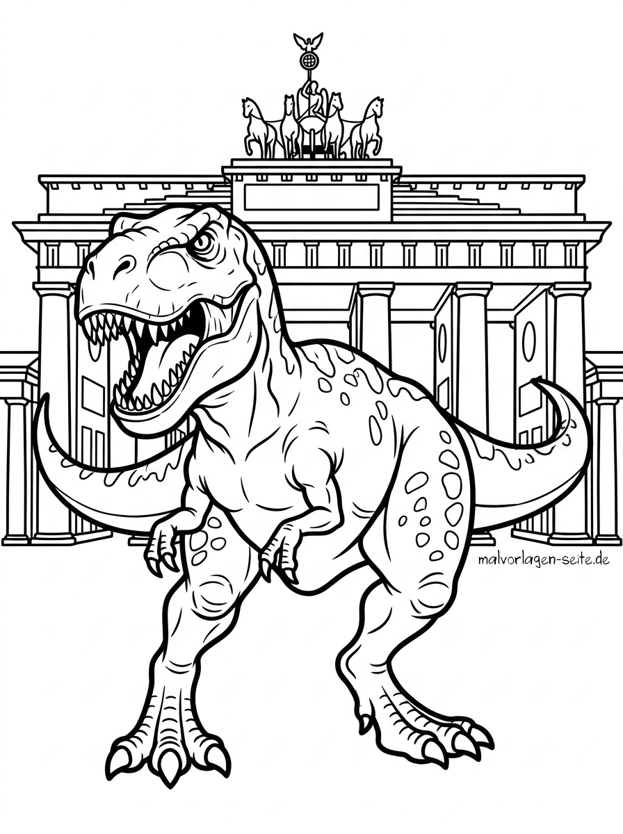 Malvorlage Dinosaurier heute - Berlin Ein T-Rex aus einem Cartoon steht vor dem Brandenburger Tor in Berlin und brüllt mit weit aufgerissenem Maul. Diese Szene, die sich perfekt als Malvorlage „Dinosaurier heute – Berlin“ eignet, wird als schwarz-weiße Malvorlage präsentiert.