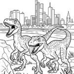 Malvorlage Dinosaurier heute - Frankfurt am Main Zwei Comic-Dinosaurier mit geöffneten Mäulern stehen auf felsigem Boden, umgeben von Gras und Pflanzen. Im Hintergrund erhebt sich unter einem klaren Himmel die Skyline einer Stadt mit hohen Gebäuden – was der Malvorlage „Dinosaurier heute – Frankfurt am Main“ eine verspielte Note verleiht.