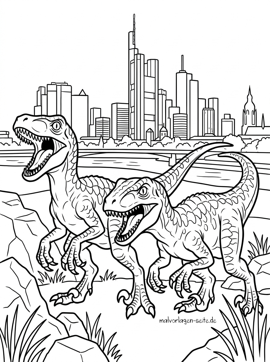 Malvorlage Dinosaurier heute - Frankfurt am Main Zwei Comic-Dinosaurier mit geöffneten Mäulern stehen auf felsigem Boden, umgeben von Gras und Pflanzen. Im Hintergrund erhebt sich unter einem klaren Himmel die Skyline einer Stadt mit hohen Gebäuden – was der Malvorlage „Dinosaurier heute – Frankfurt am Main“ eine verspielte Note verleiht.