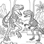 Malvorlage Dinosaurier Skelette im Museum In einem Museum mit großen Fenstern, Pflanzen und Bergen im Hintergrund sind zwei Dinosaurierskelette ausgestellt. Im Vordergrund sind auf einem Tisch Fossilien und Knochen zu sehen. Es handelt sich um eine schwarz-weiße Malvorlage mit dem Titel „Dinosaurierskelette im Museum“.