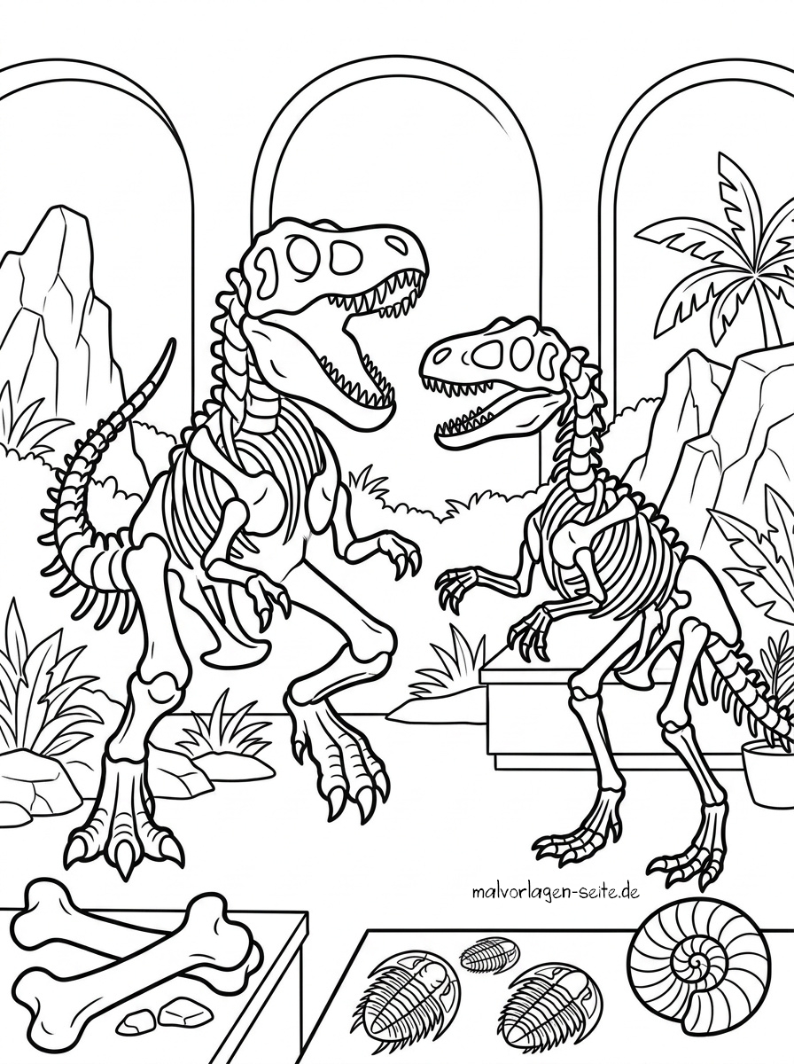 Malvorlage Dinosaurier Skelette im Museum In einem Museum mit großen Fenstern, Pflanzen und Bergen im Hintergrund sind zwei Dinosaurierskelette ausgestellt. Im Vordergrund sind auf einem Tisch Fossilien und Knochen zu sehen. Es handelt sich um eine schwarz-weiße Malvorlage mit dem Titel „Dinosaurierskelette im Museum“.