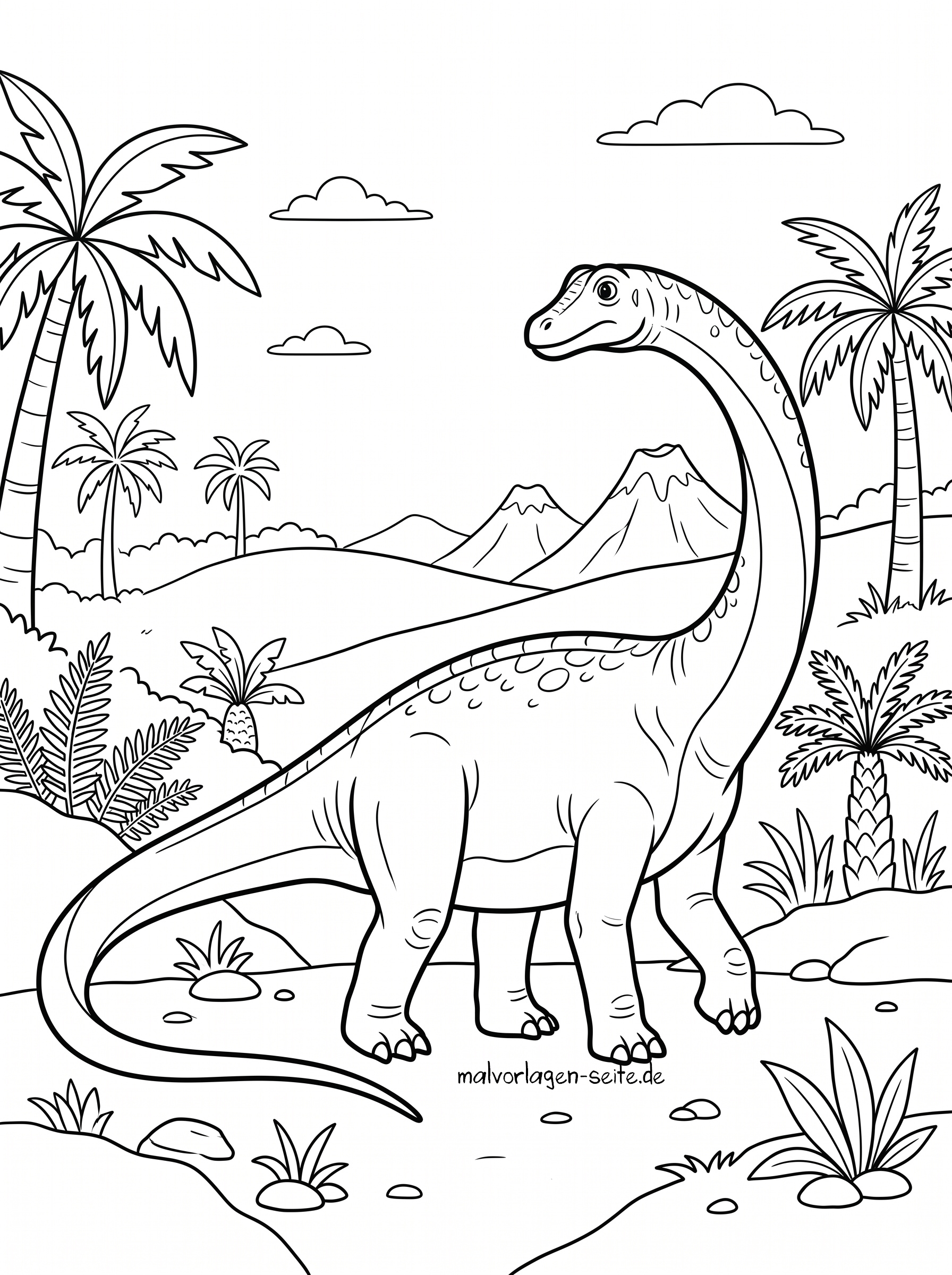 Malvorlage Diplodocus Ein langhalsiger Dinosaurier, der einem Diplodocus ähnelt, steht auf felsigem Boden, im Hintergrund sind Palmen, Pflanzen und Berge zu sehen, über ihm ein teilweise bewölkter Himmel.