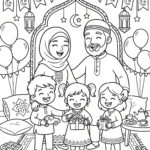 Malvorlage Islam Eid al-Fitr / Zuckerfest Eine lächelnde Familie feiert gemeinsam mit Luftballons, Geschenken, Essen und Dekorationen. Zwei Erwachsene und drei Kinder tragen traditionelle Kleidung in einem festlich geschmückten Raum, der mit Halbmonden und Laternen verziert ist, und vermitteln so die fröhliche Stimmung des Malvorlage Eid al-Fitr (Zuckerfest).