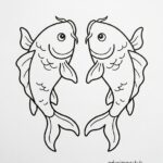 Malvorlage Goldene Fische- Buddhismus Zwei konturierte Koi-Fische, die an das Motiv „Malvorlage Goldene Fische – Buddhismus“ erinnern, stehen sich mit geschwungenen Körpern und fließenden Schwänzen gegenüber. Das Bild ist schlicht und schwarz-weiß und ähnelt einer Malvorlage.