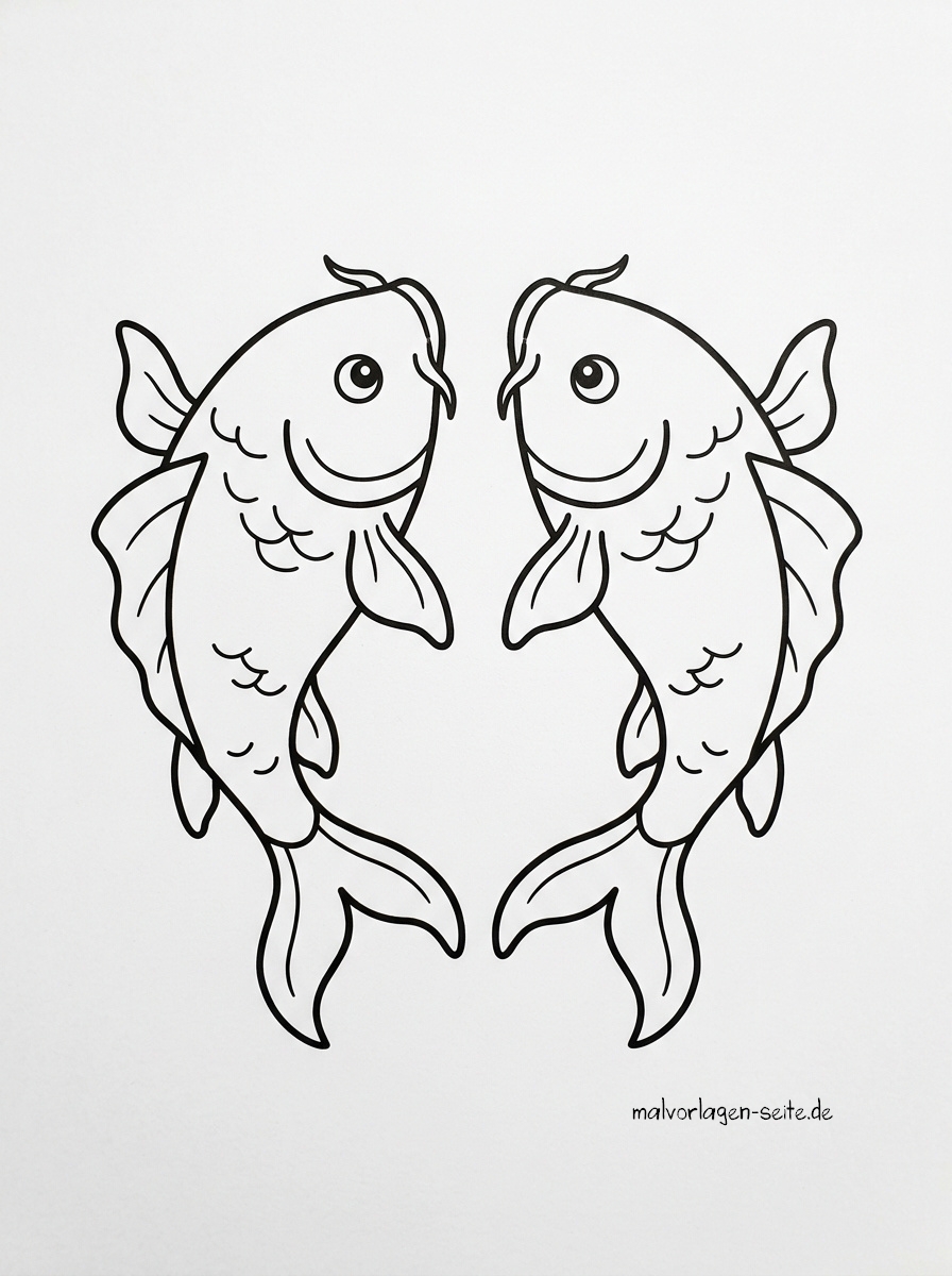 Malvorlage Goldene Fische- Buddhismus Zwei konturierte Koi-Fische, die an das Motiv „Malvorlage Goldene Fische – Buddhismus“ erinnern, stehen sich mit geschwungenen Körpern und fließenden Schwänzen gegenüber. Das Bild ist schlicht und schwarz-weiß und ähnelt einer Malvorlage.
