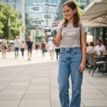Eine junge Frau steht auf einem Bürgersteig in der Stadt und lächelt in ihr Handy. Über ihr sind digitale Grafiken mit Begriffen wie „Fake News“, „Geprüfte Fakten“ und „Informationen filtern“ zu sehen – sie spiegeln die Denkweise wider: „Warum ich Informationen hinterfrage und nicht mehr alles glaube.“ Im Hintergrund gehen Menschen vorbei.