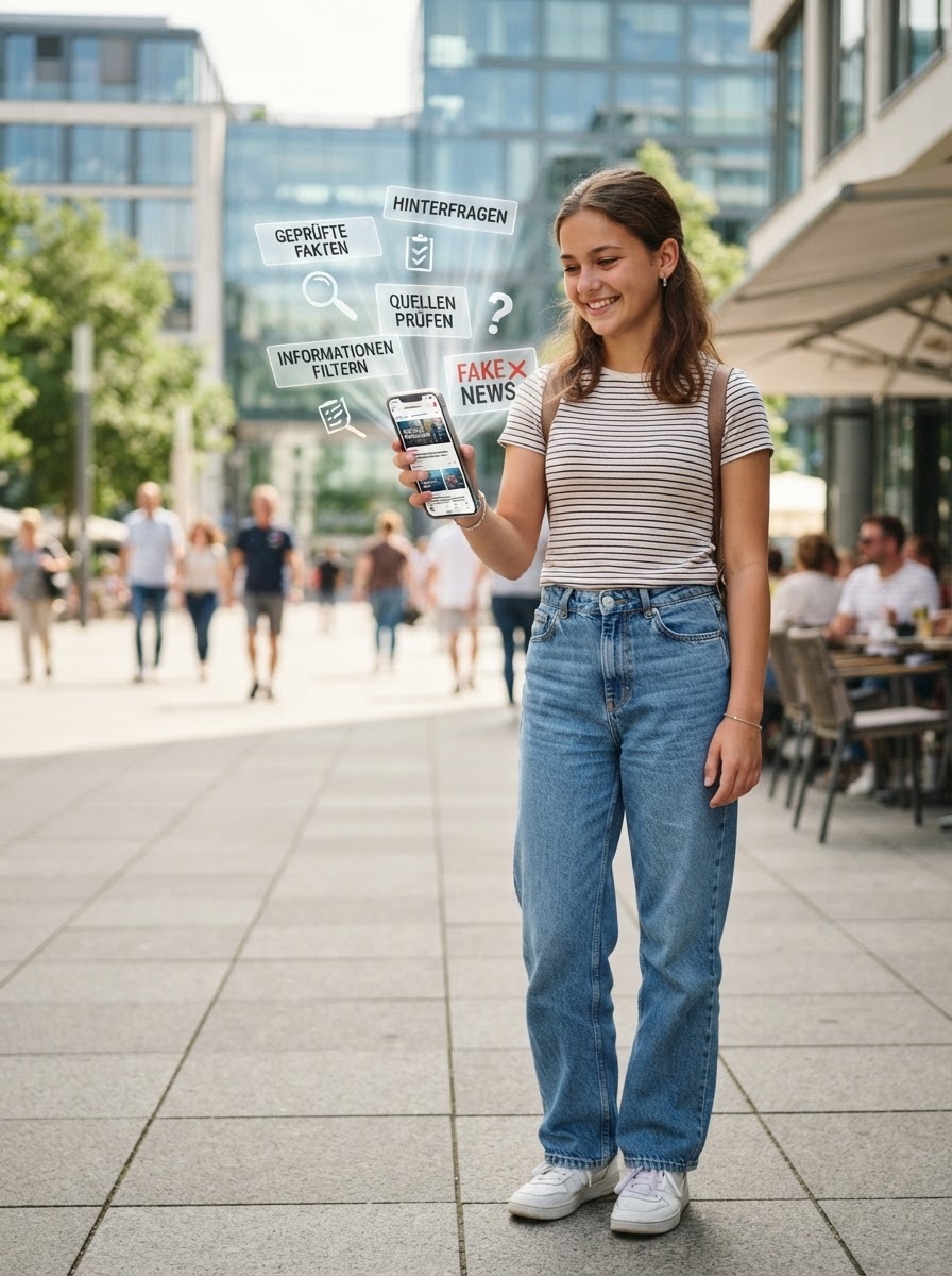 Warum ich Informationen hinterfrage und nicht mehr alles glaube Eine junge Frau steht auf einem Bürgersteig in der Stadt und lächelt in ihr Handy. Über ihr sind digitale Grafiken mit Begriffen wie „Fake News“, „Geprüfte Fakten“ und „Informationen filtern“ zu sehen – sie spiegeln die Denkweise wider: „Warum ich Informationen hinterfrage und nicht mehr alles glaube.“ Im Hintergrund gehen Menschen vorbei.