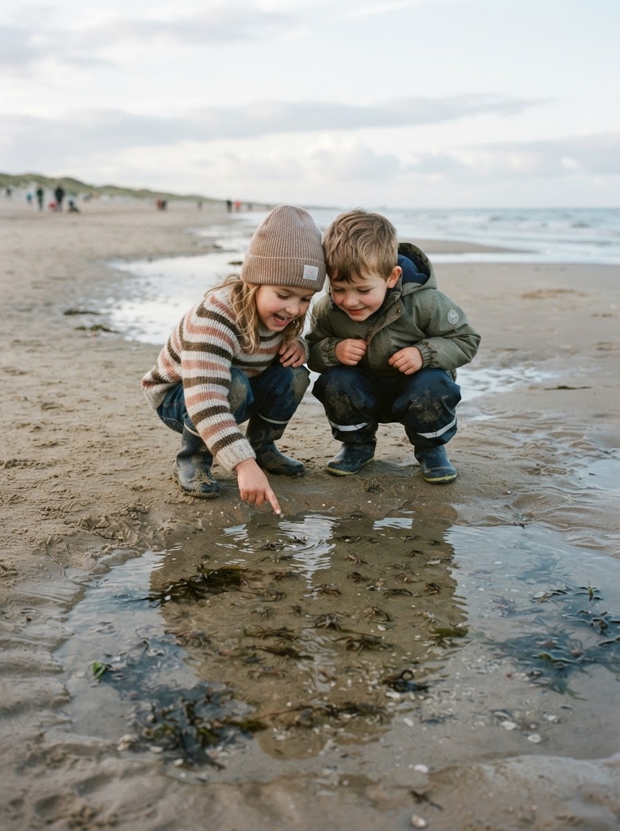 Krebstiere von A bis Z Zwei kleine Kinder hocken an einem Sandstrand, blicken nach unten und lächeln, während eines von ihnen auf etwas in einem flachen Gezeitentümpel zeigt – vielleicht entdecken sie gerade faszinierende Krebstiere von A bis Z. Der Himmel ist bewölkt, und im Hintergrund ist das Meer zu sehen.
