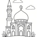 Malvorlage Islam - Minarett Schwarz-weiße Strichzeichnung einer Moschee mit einem markanten Minarett, einer mit einem Halbmond gekrönten Kuppel, Bogenfenstern und einer Bogentür, einigen Wolken am Himmel sowie Pflanzen am Sockel.