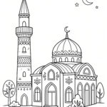 Malvorlage Minarett Schwarz-weiße Strichzeichnung einer Moschee mit einer Kuppel und einem hohen Minarett, umgeben von Bäumen, einem Halbmond und Sternen am Himmel.